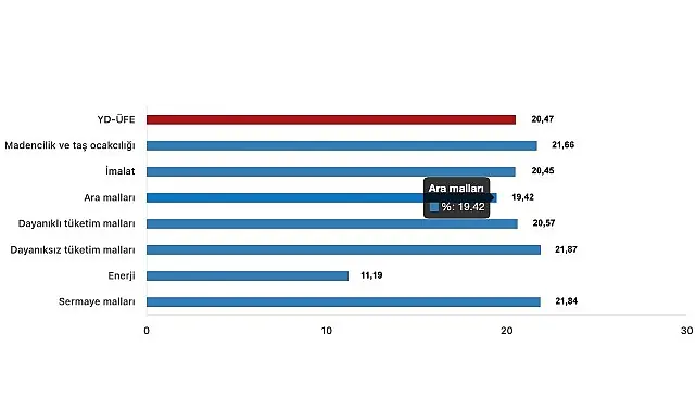 Tüik: Yurt Dışı Üretici Fiyat Endeksi (YD-ÜFE) yıllık %20,47 arttı, aylık %2,01 arttı